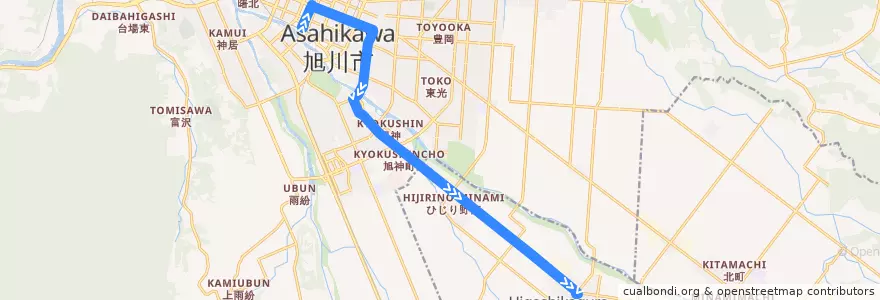 Mapa del recorrido [70]東神楽線 de la línea  en 上川総合振興局.
