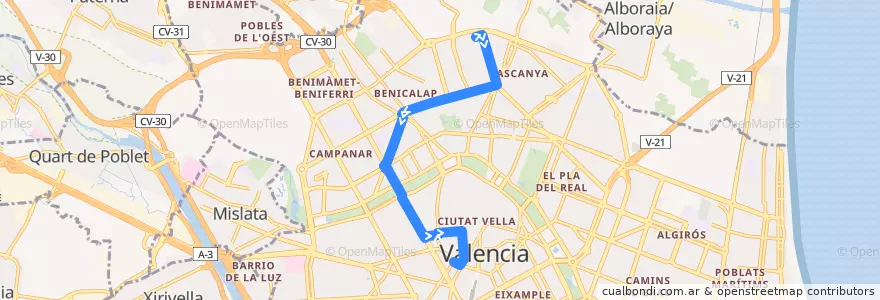 Mapa del recorrido Bus 60: Torrefiel => Av. de l'Oest de la línea  en Comarca de València.