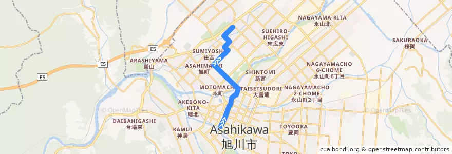 Mapa del recorrido [22]春光6条線 de la línea  en Asahikawa.