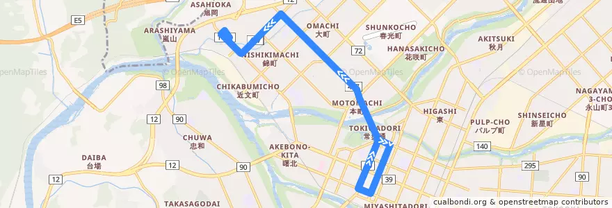 Mapa del recorrido [14]旭町線（旭橋経由） de la línea  en 旭川市.