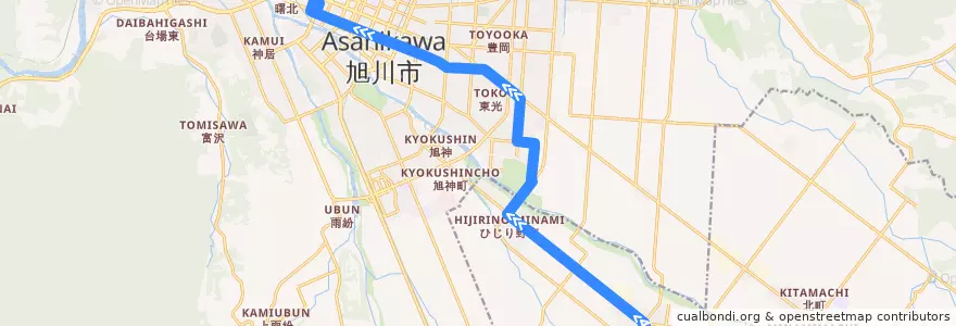 Mapa del recorrido [17]東神楽・日赤病院線 (Higashikagura & Red Cross Hospital Line) de la línea  en 上川総合振興局.