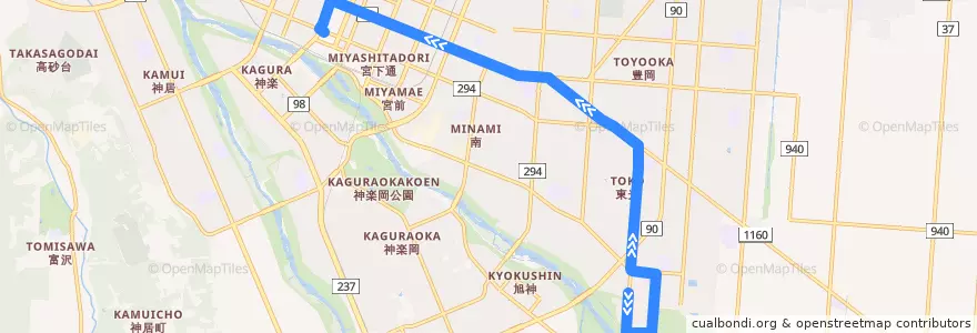 Mapa del recorrido [19]東光16条5丁目線 de la línea  en 旭川市.