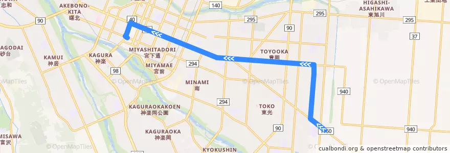Mapa del recorrido [53]豊岡・東光9丁目線 de la línea  en 旭川市.