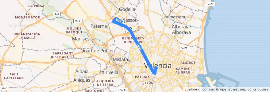Mapa del recorrido Bus 63: Campus de Burjassot => Estació Nord de la línea  en Valencia.