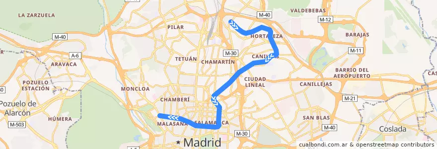 Mapa del recorrido Línea 4: Pinar de Chamartín-Argüelles de la línea  en Madrid.