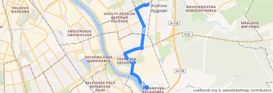 Mapa del recorrido Автобус № 4: АО "Приневское" => река Оккервиль de la línea  en Невский район.