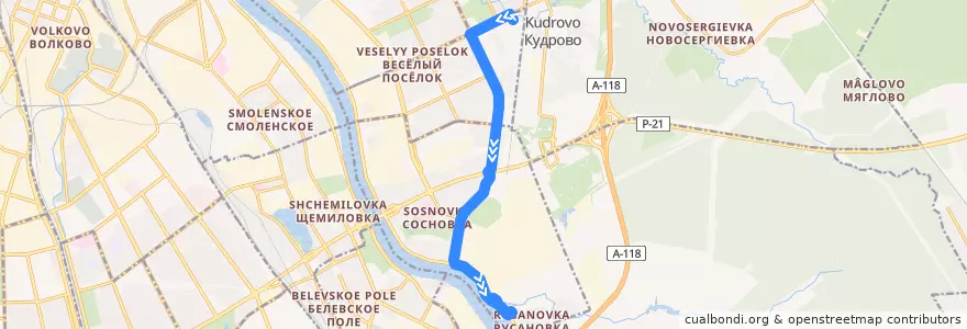 Mapa del recorrido Автобус № 4: река Оккервиль => АО "Приневское" de la línea  en Nevsky District.