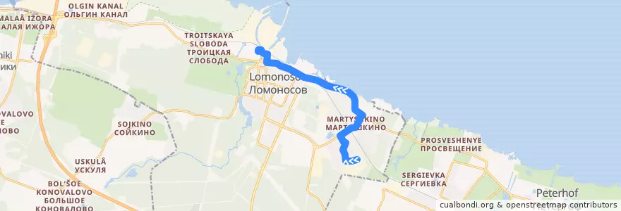 Mapa del recorrido Автобус № 4л: бизнес-парк «Мартышкино» => Ломоносов, вокзал de la línea  en Ломоносов.