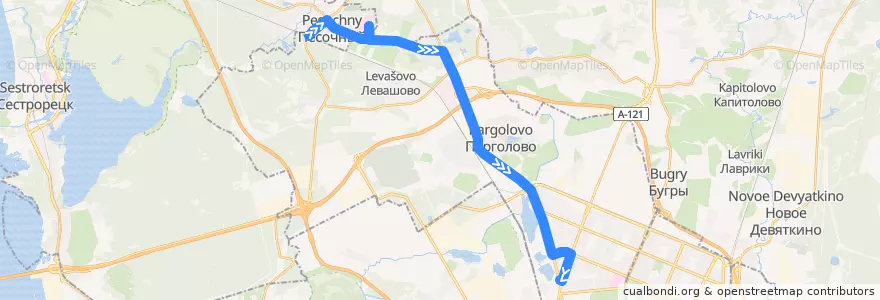 Mapa del recorrido Автобус № 109А: ж./д. станция Песочная =>станция метро "Озерки" de la línea  en Выборгский район.