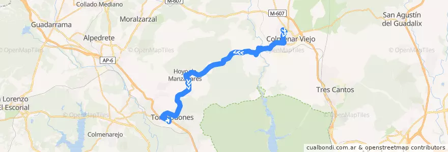 Mapa del recorrido Bus 610: Colmenar Viejo → Hoyo de Manzanares → Torrelodones de la línea  en Cuenca Alta del Manzanares.