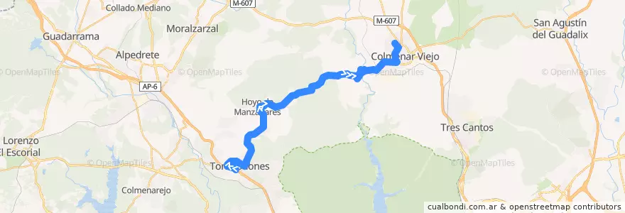 Mapa del recorrido Bus 610: Torrelodones → Hoyo de Manzanares → Colmenar Viejo de la línea  en Cuenca Alta del Manzanares.
