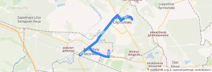 Mapa del recorrido Автобус № 671: ж/д станция Песочная => Сертолово, Центральная улица de la línea  en Ленинградская область.