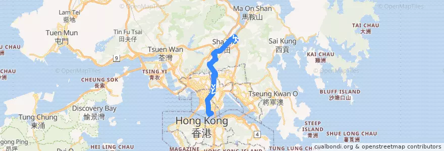 Mapa del recorrido Bus 281B (Shek Mun Estate - Tsim Sha Tsui East (Mody Road)) de la línea  en New Territories.