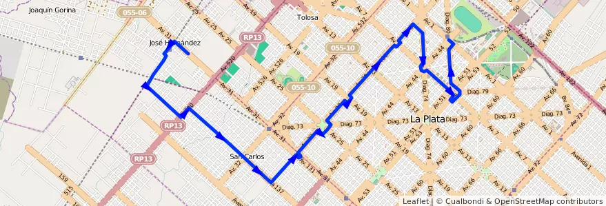 Mapa del recorrido 26 de la línea Oeste en Partido de La Plata.