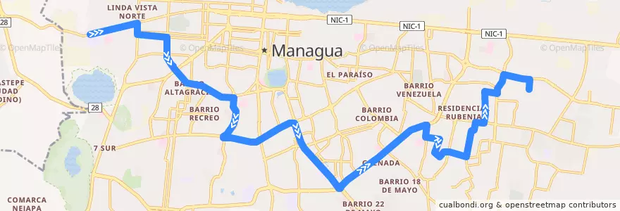 Mapa del recorrido Ruta 119: Cuesta El Plomo -> Villa Fraternidad de la línea  en Managua (Municipio).