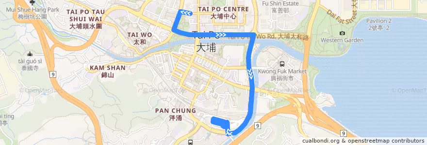 Mapa del recorrido 港鐵接駁巴士K12綫 MTR Feeder Bus K12 (八號花園 Eightland Gardens → 大埔墟站 Tai Po Market Station) de la línea  en 大埔區 Tai Po District.