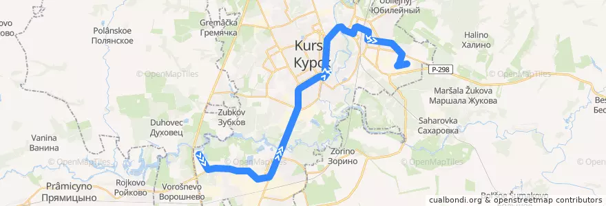 Mapa del recorrido Маршрут автобуса №71: "Улица Крюкова - 2-я Агрегатная улица" de la línea  en Kursk.