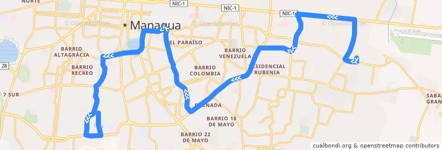 Mapa del recorrido Ruta 104: Mercado Mayoreo -> Hialeah de la línea  en Managua (Municipio).