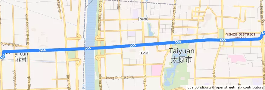 Mapa del recorrido 1路：下元 -> 火车站 de la línea  en 太原市.