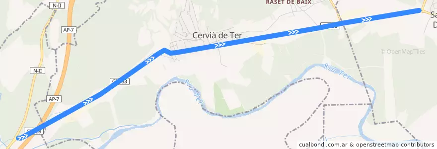 Mapa del recorrido Girona-l'Estartit de la línea  en Gironès.