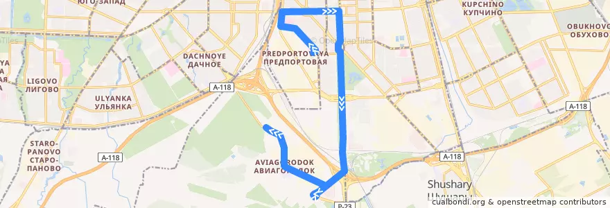 Mapa del recorrido Автобус № 13А: улица Костюшко => Авиагородок, садоводство de la línea  en Московский район.