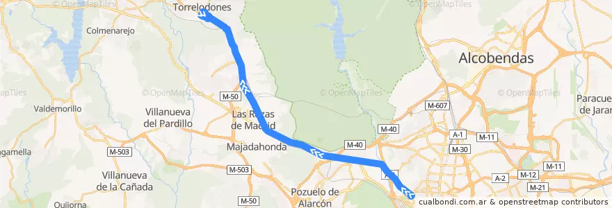 Mapa del recorrido Bus 613: Madrid (Moncloa) → Torrelodones (C.C.) de la línea  en Área metropolitana de Madrid y Corredor del Henares.