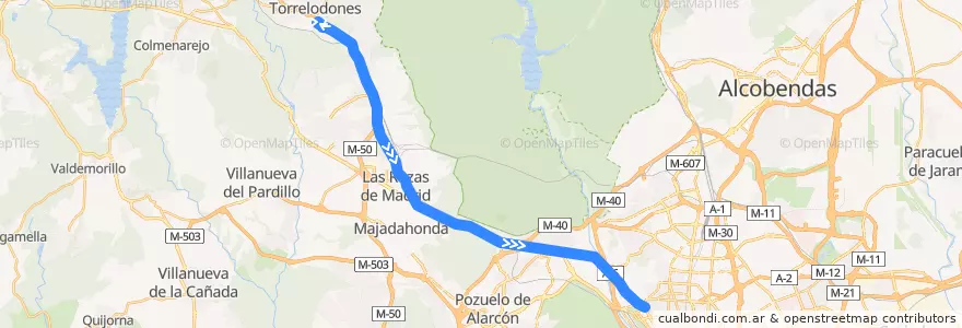 Mapa del recorrido Bus 613: Torrelodones (C.C.) → Madrid (Moncloa) de la línea  en Área metropolitana de Madrid y Corredor del Henares.