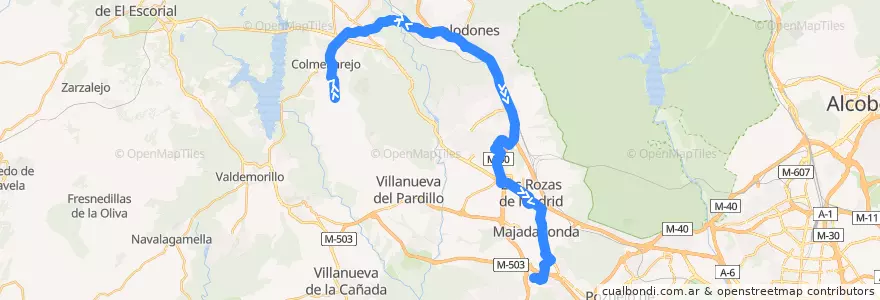 Mapa del recorrido Bus 633: Colmenarejo → Majadahonda (Hospital) de la línea  en منطقة مدريد.