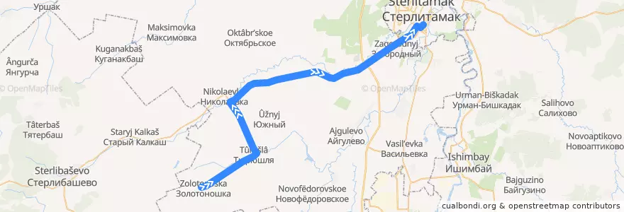 Mapa del recorrido Автобус Золотоношка - Стерлитамак de la línea  en Стерлитамакский район.