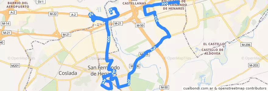 Mapa del recorrido L1 C.C. San Fernando → Polígono Industrial de la línea  en San Fernando de Henares.