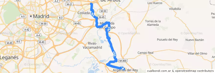 Mapa del recorrido Bus 285: Coslada (Renfe San Fernando) - Arganda del Rey de la línea  en Cuenca del Henares.