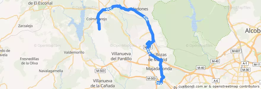Mapa del recorrido Bus 633: Majadahonda (Hospital) → Colmenarejo de la línea  en منطقة مدريد.