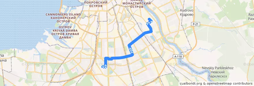 Mapa del recorrido Автобус № 31: улица Костюшко => станция метро "Елизаровская" de la línea  en Санкт-Петербург.