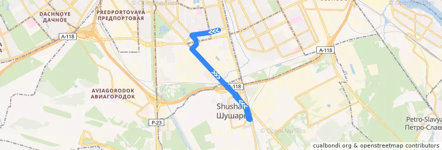 Mapa del recorrido Автобус № 34: Звёздная улица => Шушары, Пушкинская улица de la línea  en Санкт-Петербург.