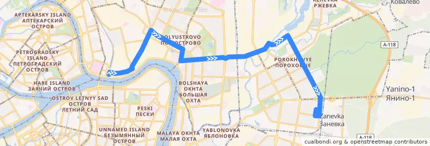 Mapa del recorrido Автобус № 37: Финляндский вокзал => Белорусская улица de la línea  en Санкт-Петербург.