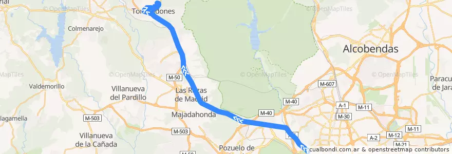 Mapa del recorrido Bus 612: Madrid (Moncloa) → Torrelodones de la línea  en Área metropolitana de Madrid y Corredor del Henares.