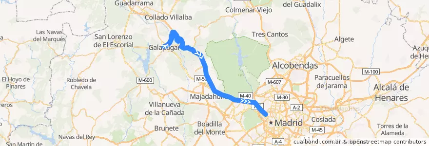 Mapa del recorrido Bus 635: Galapagar → La Navata → Torrelodones (Colonia) → Madrid (Moncloa) de la línea  en マドリード州.