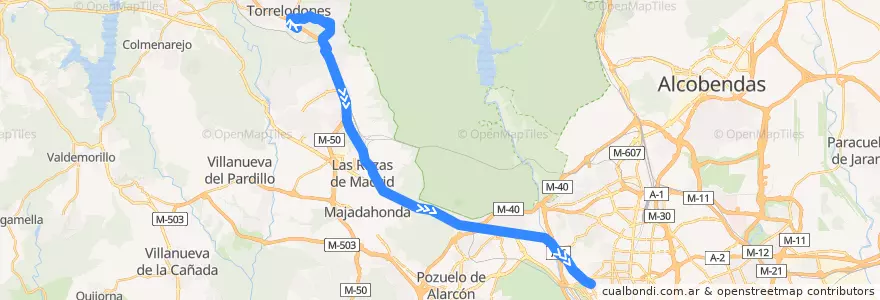 Mapa del recorrido Bus 686: Torrelodones → Madrid(Moncloa) (Por los Peñascales) de la línea  en Área metropolitana de Madrid y Corredor del Henares.