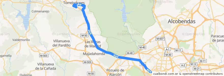 Mapa del recorrido Bus 686: Madrid(Moncloa) → Torrelodones (Por los Peñascales) de la línea  en Área metropolitana de Madrid y Corredor del Henares.