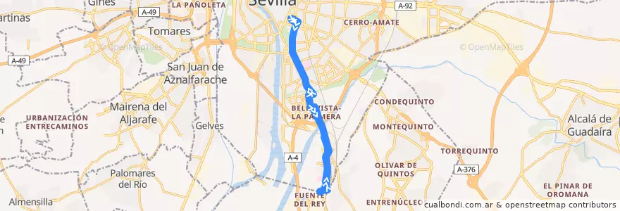 Mapa del recorrido 37 Prado de San Sebastián - Bellavista de la línea  en Sevilla.