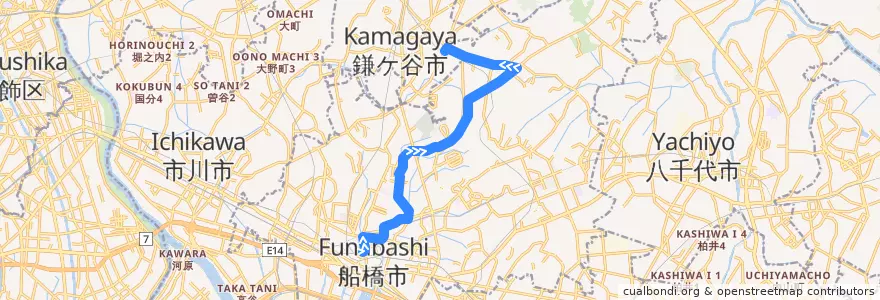 Mapa del recorrido 金杉台線 de la línea  en Funabashi.