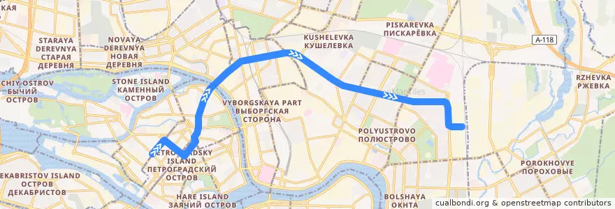 Mapa del recorrido Автобус № 185: станция метро "Чкаловская" => улица Стасовой de la línea  en Sankt Petersburg.