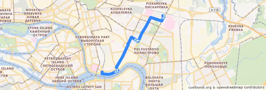 Mapa del recorrido Автобус № 107: Пискарёвка => Финляндский вокзал de la línea  en Saint Petersburg.