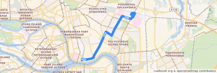 Mapa del recorrido Автобус № 107: Финляндский вокзал => Пискарёвка de la línea  en Калининский район.
