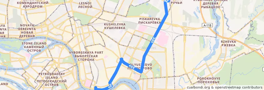 Mapa del recorrido Автобус № 133: железнодорожная станция «Ручьи» => Финляндский вокзал de la línea  en Калининский район.