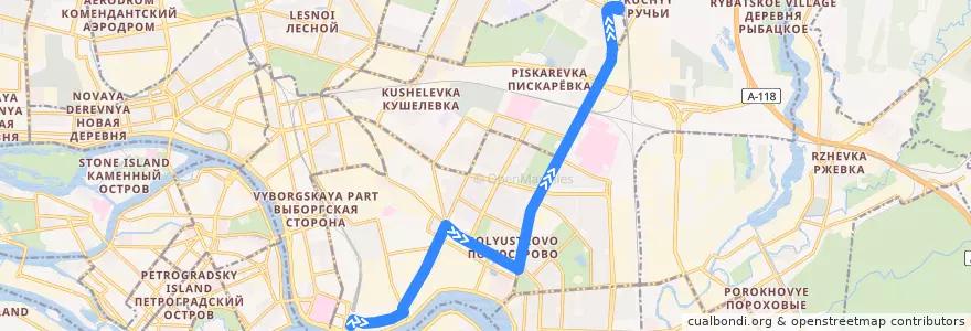 Mapa del recorrido Автобус № 133: Финляндский вокзал => железнодорожная станция «Ручьи» de la línea  en Калининский район.
