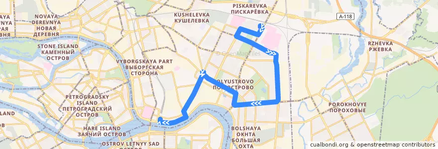 Mapa del recorrido Автобус № 106: Пискарёвка => Финляндский вокзал de la línea  en Санкт-Петербург.
