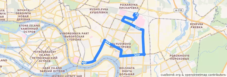 Mapa del recorrido Автобус № 106: Финляндский вокзал => Пискарёвка de la línea  en Санкт-Петербург.
