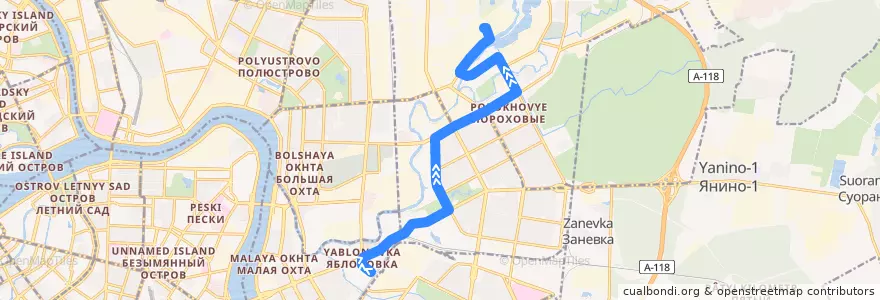 Mapa del recorrido Автобус № 168: станция метро «Ладожская» => улица Химиков de la línea  en Красногвардейский район.