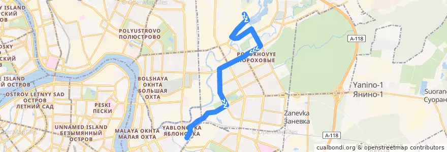 Mapa del recorrido Автобус № 168: улица Химиков => станция метро «Ладожская» de la línea  en Красногвардейский район.